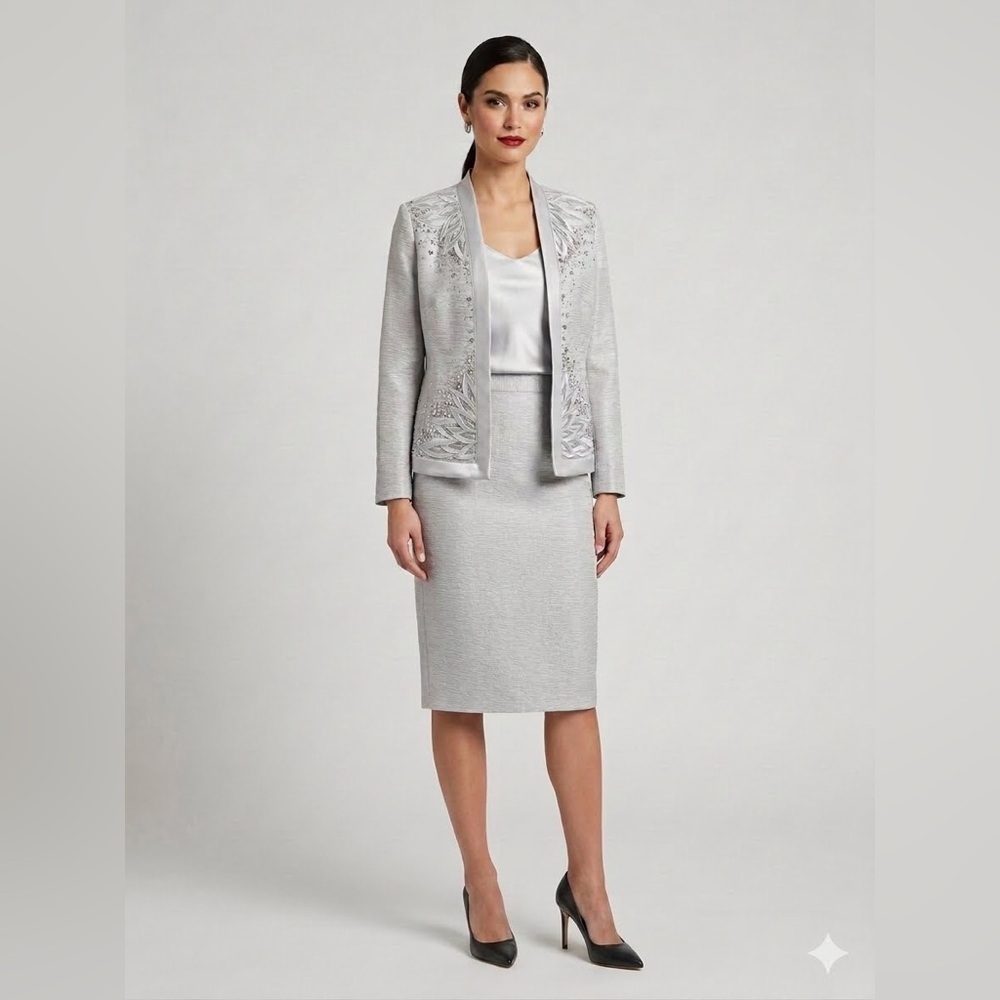 EY gray  Metallic Skirt Suit set church formal mother of bride chic SO size‎ 10